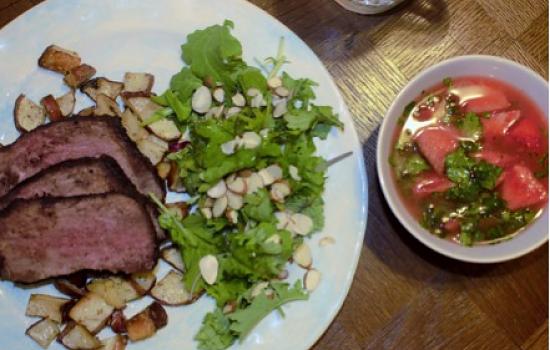 Cooking Out of the Box: Cacao Roasted Grass-fed Bison & Watermelon Gazpacho Recipe